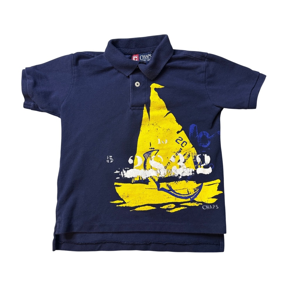 Chaps Polo Shirt Kids Size 4‎ Navy Blue Sailboat Graphic Short Sleeve Cotton